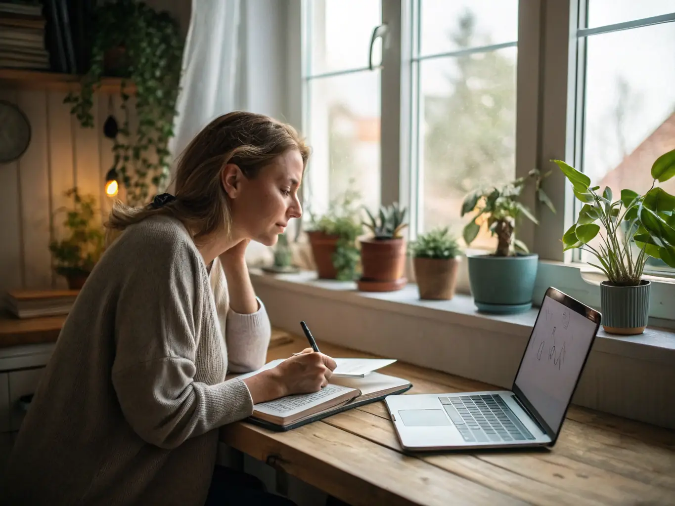 A cozy image of a person journaling in a sunlit room with plants, symbolizing the personal development category.