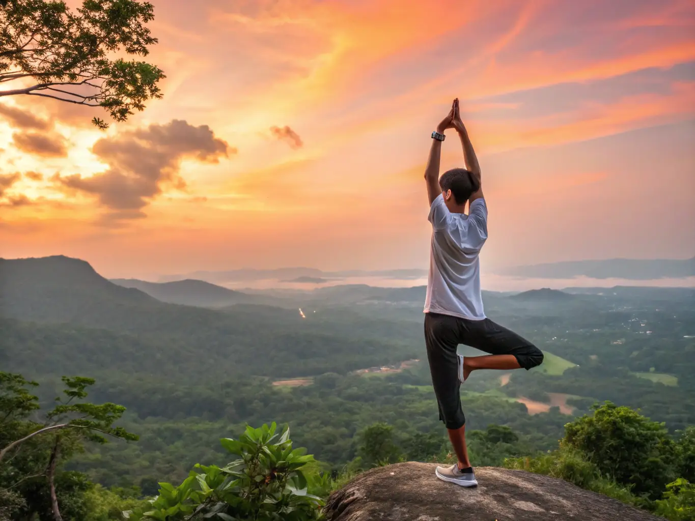 A vibrant image of a person practicing yoga outdoors at sunrise, representing the wellness category.